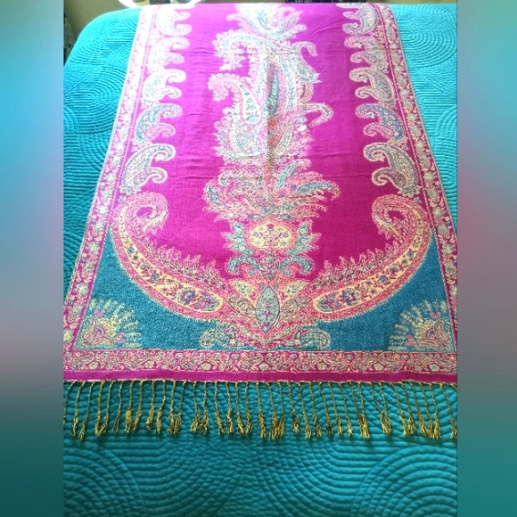 Unbranded Accessories - Pashmina Knit Scarf Wrap Reversible Teal Gold Fuscia Paisley Boho Formal